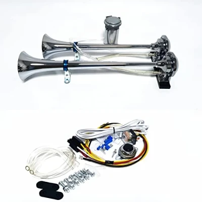 Abbildung von YIYIDA Air Horn Autohupe Lufthorn 12V Höhen und Bässe Doppelrohrhorn 165db Auto Lautsprecher Silber Chrom Zink Trompete LKW mit Pump Car für Moto Van Boot Zug etc