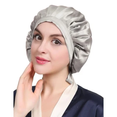 Abbildung von LilySilk 100% Maulbeerseide Schlafmütze rutschfest verstellbar und atmungsaktiver Kopfbedeckung Seidenhaube zum Schlafen Nachtmütze mit elastischem Band für alle Haartypen,Silbergrau