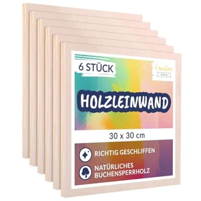 Abbildung von Creative Deco Holz Leinwand zum Bemalen 30 x cm 6er Pack Set von Malgründe 1,7 Dicke Malplatte für Profis und Hobby Maler Malunterlagen Kunstprojekte, Dekoration, Gemälde