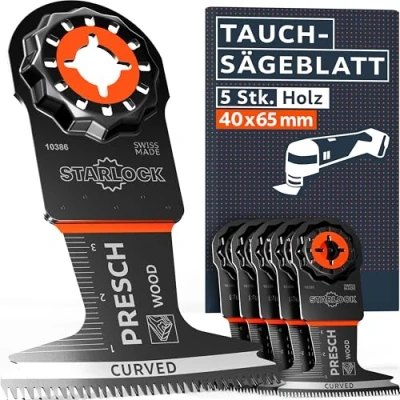 Abbildung von Presch Multitool Sägeblätter Holz 40x65mm 5 Stk. Starlock für werkzeuglosen Wechsel Saubere, exakte Schnitte dank Japan Verzahnung &amp; Curved Tec Design Präzise Tauchsägeblätter