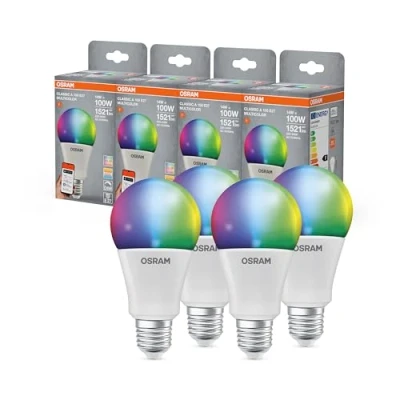 Abbildung von OSRAM SMART+ RGBW, E27 LED Lampe mit Matter over Wifi, speziell entwickelt für ALEXA einfache Einrichtung per Klick, 100W Ersatz, warmweiß bis kaltweiß(2700 6500K), 16 Mio RGB Farben, 4er Pack