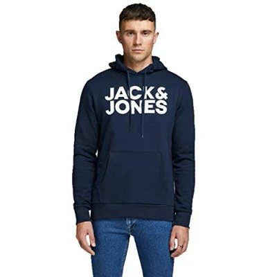 Abbildung von JACK &amp; JONES Herren Hoodie Kapuzensweatshirt JJ Ecorp Logo Sweat Hood, Farbe:Blau, Artikel: Navy Blazer, Größe:XL