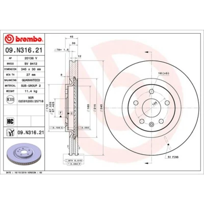 Abbildung von BREMBO 09.N316.21 Bremsscheibe 345 30 5 innenbelüftet beschichtet hochgekohlt OPEL: Insignia B Sports Tourer, Grand Sport