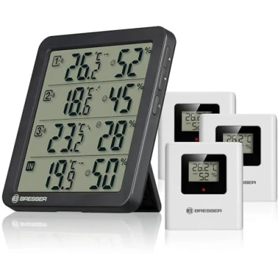 Abbildung von Bresser Quadro NV Thermo Hygrometer mit 4 Messpunkten, integrierter Sensor und 3 Funksensoren, Smiley Komfortindikator, Min/Max Speicher, IP44