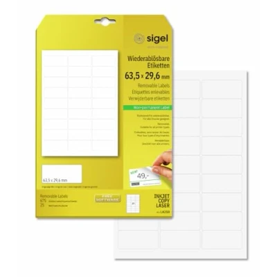 Abbildung von SIGEL LA210 Etiketten selbstklebend, bedruckbar, wieder rückstandsfrei ablösbar, weiß, 63,5 x 29,6 mm, 675 = 25 Blatt, abgerundet