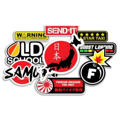 Abbildung von Finest Folia JDM Aufkleber Set für Auto Motorrad Helm Japan Stickerbomb japanische OEM Sticker Tuning Autoaufkleber Folie selbstklebend wetterfest R207 (Stickerbogen 4, Ohne Hologramm Effekt)