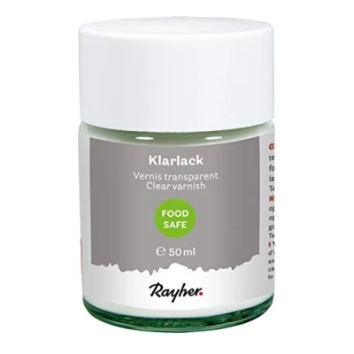 Abbildung von Rayher 35031000 Klarlack food safe, Dose 50 ml, seidenmatt, transparent, für saugende Untergründe, lebensmittelecht, Speichel und Schweißecht gemäß DIN 53 160 1/2, Schutzlack, Holzlack