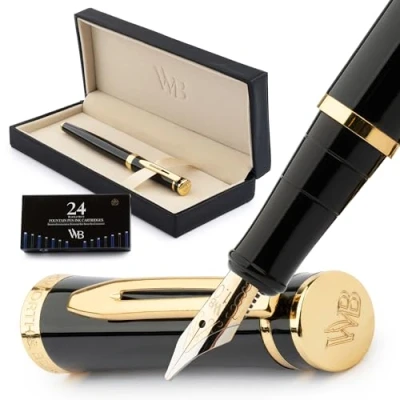 Abbildung von Wordsworth &amp; Black Füllfederhalter Set, 18K vergoldete Breite Feder, inklusive Tintenpatronen im 24er Pack, Tintennachfüll Konverter und Geschenketui, Gold Beschichtung [Schwarzes Gold]