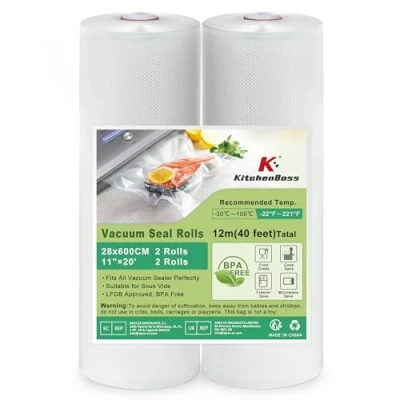 Abbildung von KitchenBoss Vakuumierfolie 2 Rollen 28x600cm：Profi Vakuumbeutel für Vakuumierer &amp; Sous Vide, Lebensmittel BPA frei, Vakumierfolienrollen Reißfest und Kochfest