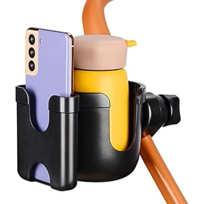 Abbildung von supregear Universal Getränkehalter und Handyhalter, 360 Grad Drehung, 2 in 1 Eltern Becherhalter Wasserflaschenhalter Handyhalter für Kinderwagen Walker Fahrrad, Schwarz Werkzeugfrei