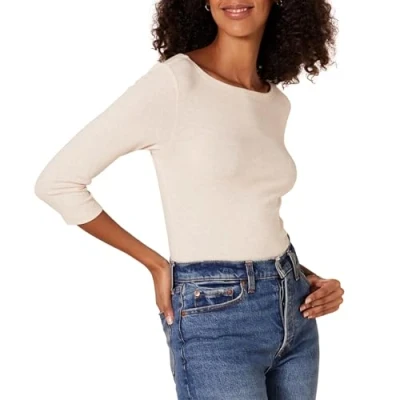 Abbildung von Amazon Essentials Damen T Shirt mit Bateau Ausschnitt und 3/4 Ärmeln in schmaler Passform, Haferbeige Meliert, XS