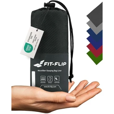 Abbildung von Fit Flip Hüttenschlafsack Ultraleicht, Mikrofaser Schlafsack Inlay mit extra Kissenfach, Inlett seidig weich, Reiseschlafsack als auch Innenschlafsack, Anthrazitgrau