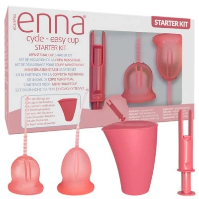 Abbildung von Enna Cycle Starter Set EASY 2 Menstruationstassen + Applikator Sterilisator und Transportbox Anenna Moisturizing