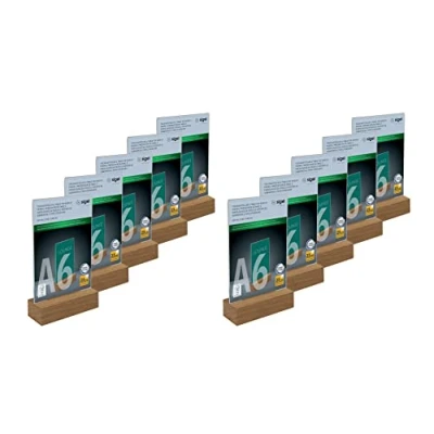 Abbildung von SIGEL TA252/10 Tischaufsteller A6 hoch, mit Eichenholz Sockel, 10er Pack, glasklar Acryl, garantiert UV beständig, Holz FSC zertifiziert