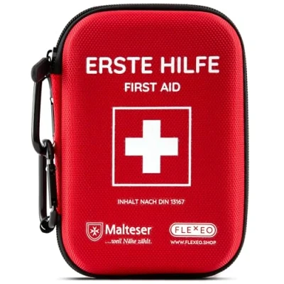 Abbildung von FLEXEO Erste Hilfe Set Kinder, Reiseapotheke Kinder gefüllt mit 47 Inhaltsteilen, Schere, Tasche Baby für unterwegs, Notfallset Fingerpuppe und Tapferkeitsstickern, Notfalltasche