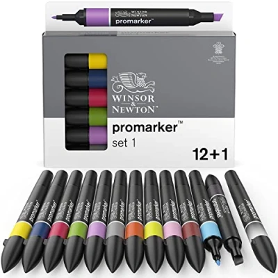 Abbildung von Winsor &amp; Newton 0290137 ProMarker, Professioneller Layoutmarker 2 Spitzen, fein und breit für Zeichnungen, Design Layouts 13 Farben Set 1