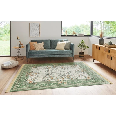 Abbildung von Nouristan Naveh Orient Wohnzimmerteppich Kurzflor mit Fransen Vintage Orientalischer Samt Teppich für Esszimmer, Wohnzimmer, Schlafzimmer Creme Grün, 95x140cm, Rayon, 95x140 cm