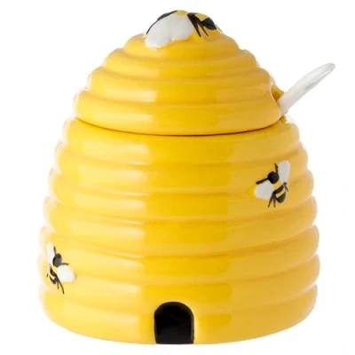 Abbildung von Puckator Honigtopf in Bienenstockform aus Keramik mit Deckel und Löffel, Servierschale