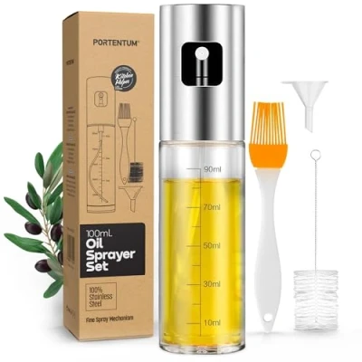 Abbildung von PORTENTUM Ölsprüher 100 ml aus Edelstahl, Ölspender Glasflasche mit Zubehör, Auslaufsicherer Ölspray für Kochen, Grillen, Salat und Heißluftfritteuse