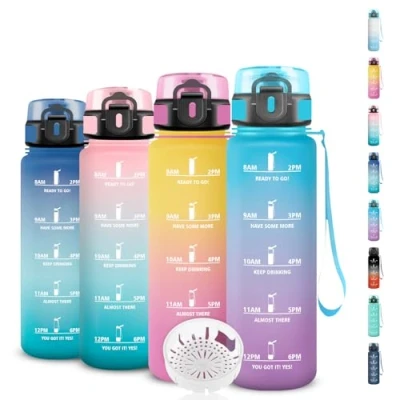 Abbildung von Trinkflasche, 500ml Trinkflasche Kinder, Leicht zu Reinigen, mit Uhrzeit, Zeitmarkierung, Auslaufsicher, Erwachsene für Schule, Camping, Reisen