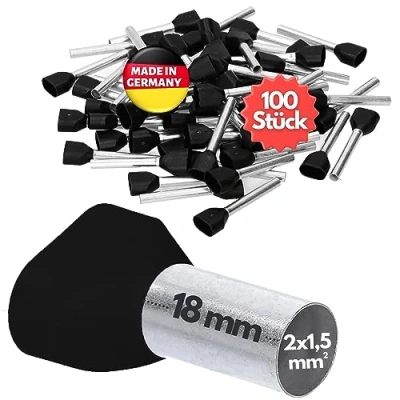Abbildung von 100 Stück Kalitec AET1518SW Zwillingsaderendhülsen isoliert 2x1,5mm² 18mm lang schwarz I Made in Germany Industriequalität