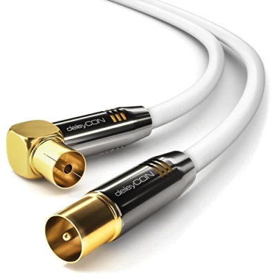 Abbildung von deleyCON 1m TV Antennenkabel HDTV Full HD 1x gewinkelt Koaxialkabel Stecker (gerade) zu Buchse (90 Grad) Metallstecker Weiß
