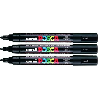 Abbildung von Uni Posca PC 5 m Black Paint Marker Stifte, mm, mittlere Rundspitze, Spitze schreibt auf allen Oberflächen aus Glas, Kunststoff, Stoff Metall Holz, 3 Stück