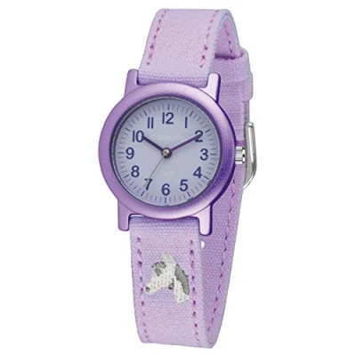 Abbildung von JACQUES FAREL Öko Kinderuhr Mädchen Armbanduhr mit Textilband aus Bio Baumwolle Analog Quarz Lila Flieder Pferd ORG 8820