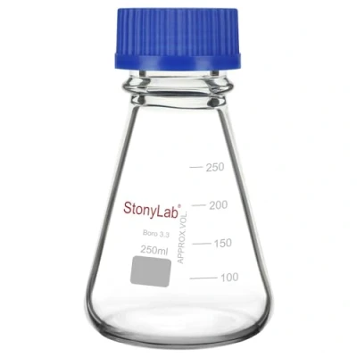 Abbildung von stonylab Erlenmeyer Kolben mit blauem Schraubverschluss, Graduiert, Laborglas, Konischer Kolben, 250 ml