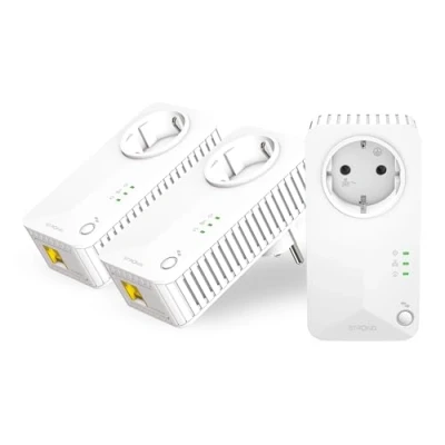 Abbildung von STRONG Powerline 1000 Triple EU Set 3 Adapter Mbps, Fast Internetzugang integrierte Steckdose 300 m Reichweite Für alle Router LAN Anschluss Easy Installation weiß
