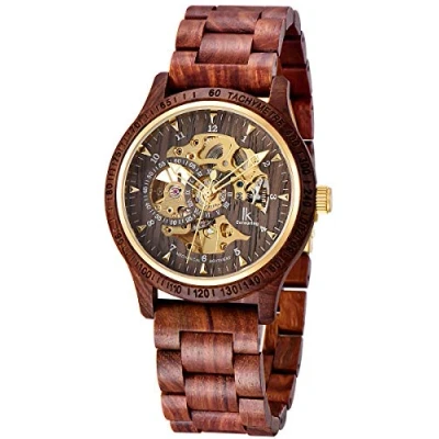 Abbildung von Alienwork Automatikuhr Armbanduhr Herren Rot Holz Armband Schwarz Skelett Natur
