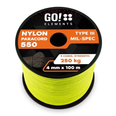 Abbildung von GO!elements 100m Paracord Seil aus reißfester Nylonschnur 4mm 550 Typ III Schnur geeignet als Allzweckseil &amp; Reepschnur Max. 250kg, Farbe:Neon