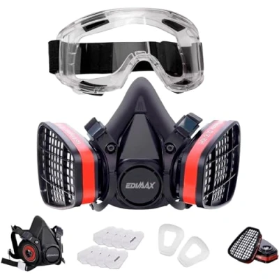 Abbildung von EDIMAX, Gasmaske, Atemschutzmaske, mit Brille + 8 Ersatzfiltern, Atemschutz, Wiederverwendbar, Staubmaske, Lackiermaske, Begasung, Schutz und Sicherheit