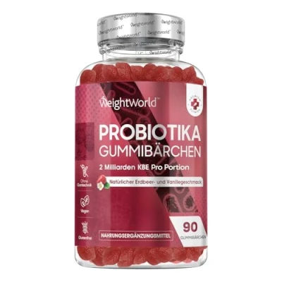 Abbildung von Probiotika Gummibärchen mit Inulin 90 vegane Stück Bakterienstämmen Bacillus Coagulans Kulturen Komplex 2 Milliarden KBE Natürlicher Erdbeer &amp; Vanillegeschmack WeightWorld