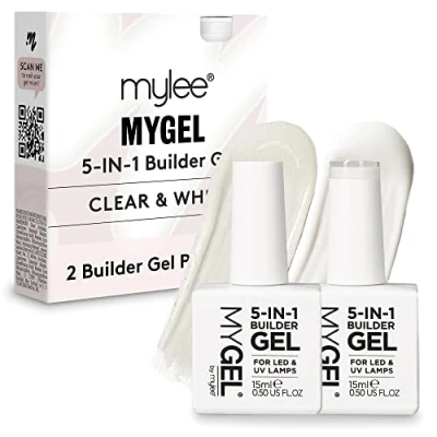 Abbildung von Mylee 5 in 1 Builder Gel Duo 2x15ml Durchsichtig und Weiß UV/LED Nagellack, Harte, Stabile Nägel, Spitzen Verlängerungen, Nagelkunst, Aufkleber Schmuck, professionelle Maniküre Reparatur