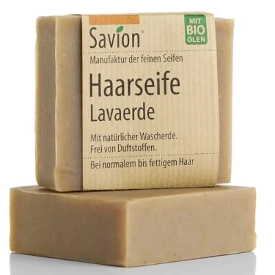 Abbildung von Savion Haarseife Lavaerde, für normales und fettiges Haar, Vegan, Palmölfrei, Tierversuchsfrei, Plastikfrei, 85g