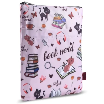 Abbildung von Book Nerd Buchhülle für Buchliebhaber, Buchnerds, Buchschutz Taschenbücher, aus waschbarem Stoff, Buchetui mit Reißverschluss, Größe M, 28 x 22,1 cm