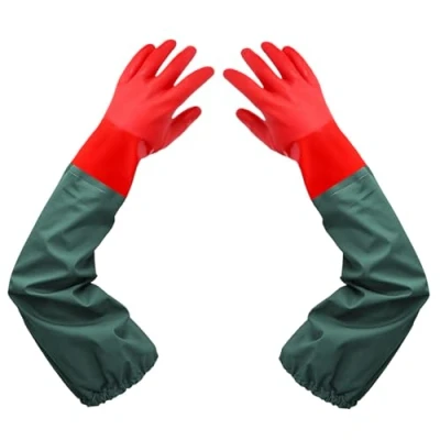 Abbildung von MIN XL Extra Lange Wasserdichte Gummihandschuhe, Wiederverwendbare Teichhandschuhe, Resistent Gegen Säure, Laugen und Öl, Maschinen, Industrie, Fischerei, Aquarium Handschuhe (Rot)