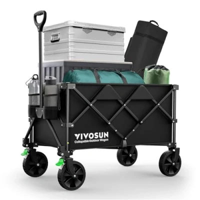 Abbildung von VIVOSUN 200L XXL Bollerwagen Faltbar mit Bremsen, 136kg Tragkraft, Klappbarer Handwagen 360drehbare Räder für alle Gelände, Gartenwagen Camping, Garten, Sport, Picknick, Einkaufen, Schwarz