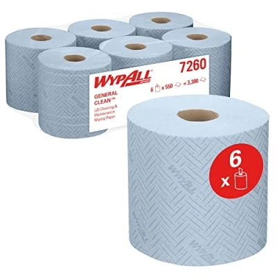 Abbildung von WypAll L20 General Clean blaues Wischtuch für Reinigung und Wartung 7260 2 lagige Rolle mit Zentralentnahme 6 blaue Rollen je 550 Papierreinigungstüchern (Gesamtanzahl 3.300)