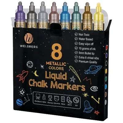 Abbildung von welsberg 8x Flüssigkreidestifte Metallische Farben, Löschbare Flüssige Kreidemarker 5mm Spitze für Tafel, Fenster, Glas Kreidestifte mit Jumbo Tinte 10 Gramm
