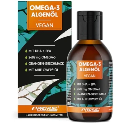 Abbildung von Omega 3 Algenöl 100 ml hochdosiert mit 2297 mg Algenöl, davon 754 DHA &amp; 418 EPA veganes Öl angenehmem Orangen Geschmack laborgeprüft Zertifikat Vorrat für 40 Tage