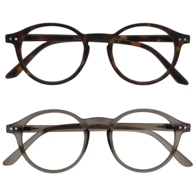 Abbildung von OPULIZE REY Lesebrille 2er Pack Runder Retro Rahmen Mattbraunes Schildpatt, Grau Herren Damen Federscharniere RR56 27 +3.00