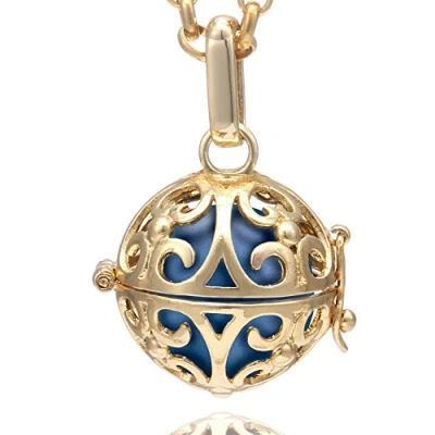 Abbildung von Morella Damen Halskette Edelstahl Gold 70 cm mit Ornament Anhänger und Klangkugel blau Ø 16 mm in Schmuckbeutel