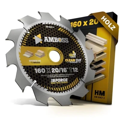Abbildung von HM Kreissägeblatt 160x20 16 Z12 Wechselzahn für Holz Zuschnitt. AMBOSS WERKZEUGE® Sägeblatt 160mm +Reduzierring 20mm. 160x16 komp. zu Bosch PKS 55 A Metabo KS Scheppach PL55. Festool