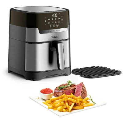 Abbildung von Tefal EY505D Easy Fry &amp; Grill Heißluftfritteuse 2 in 1 Technologie (Air Fryer und Grill) Digitales Display 4,2 Liter für 6 Portionen 8 Kochprogramme energiesparend ohne Öl Edelstahl, XL