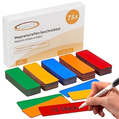 Abbildung von ECENCE 75 Magnetstreifen beschreibbar 75x25mm bunt zuschneidbare Haftstreifen abwischbare Magnetschilder Magnet Etiketten für Whiteboards, Kühlschränke, Magnettafeln