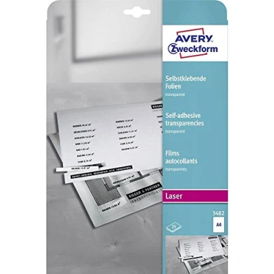 Abbildung von AVERY Zweckform 3482 Transparente Folien für Laserdrucker und Kopierer (25 selbstklebende Folien, A4, mattierte Oberfläche, hervorragend bezeichenbar, stapelverarbeitbar, Folienstärke 0,14mm)