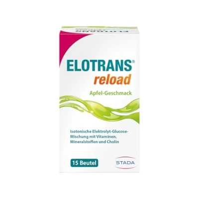 Abbildung von ELOTRANS reload isotonische Elektrolyt Glucose Mischung Nahrungsergänzungsmittel mit Magnesium, Kaliumchlorid, Cholin und B Vitaminen 1 x 15 Beutel Apfel Geschmack