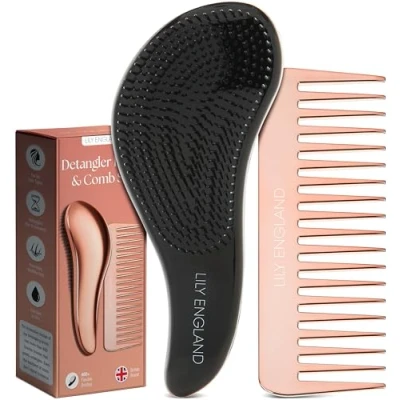 Abbildung von Haarbürste ohne Ziepen und Lockenkamm Set Roségold Entwirrbürste Kamm für Locken, Glattes, Dickes, Dünnes Haar Die Perfekte Detangler Bürste Frauen Kinder von Lily England